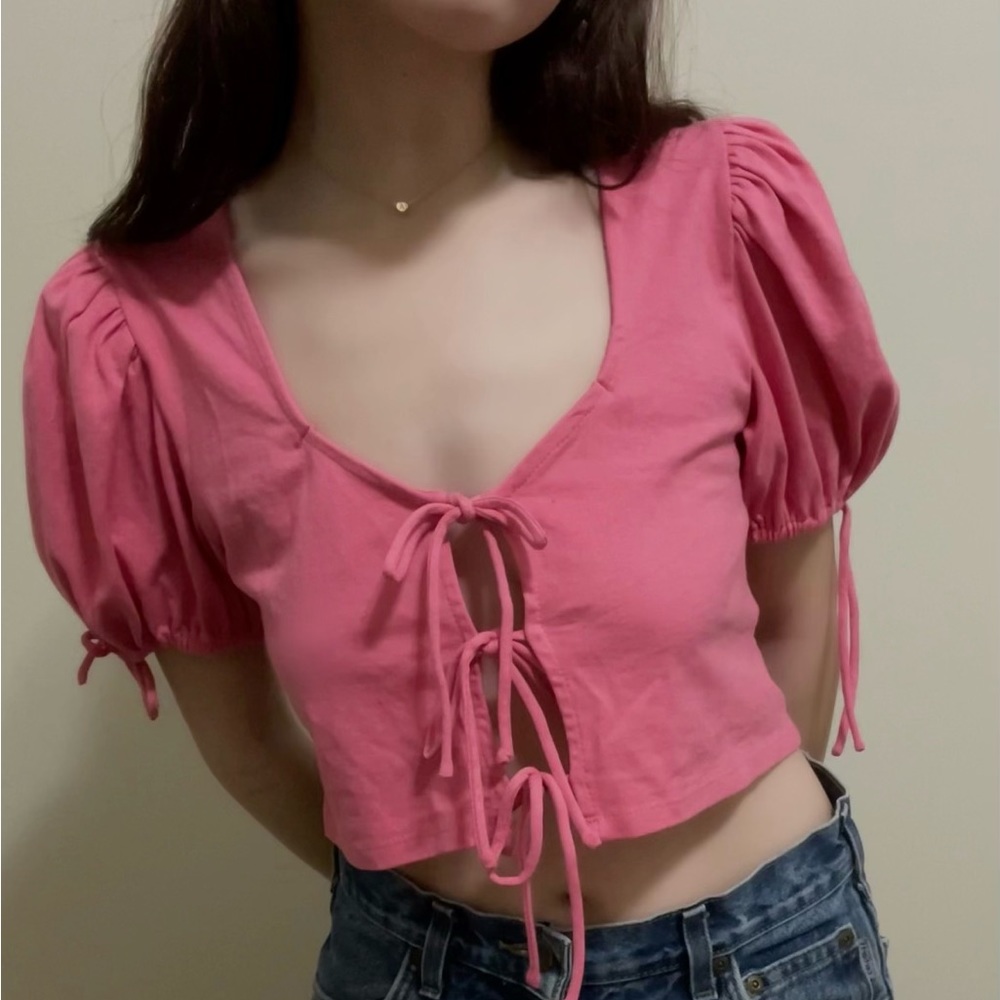 NWT!! Free People Kitty Tee | Puff Sleeve Front Tie Top | Color: Velvet Rose